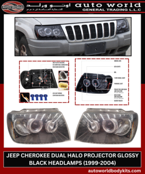 CHEROKEE HEADLAMP 1999-2004 JEEP CHEROKEE DUAL HALO PROJECTOR GLOSSY BLACK HEADLAMPS (1999-2004)